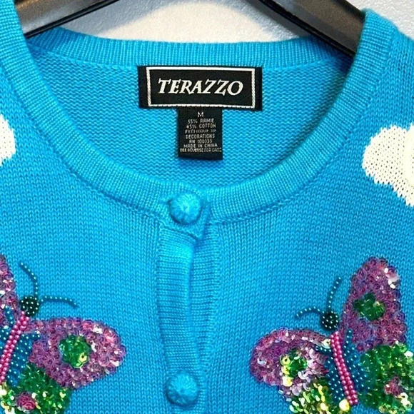 TERAZZO Women’s Vintage Fully Embellished S/S Sweater MED 55% Ramie 45% Cotton - Picture 2 of 8